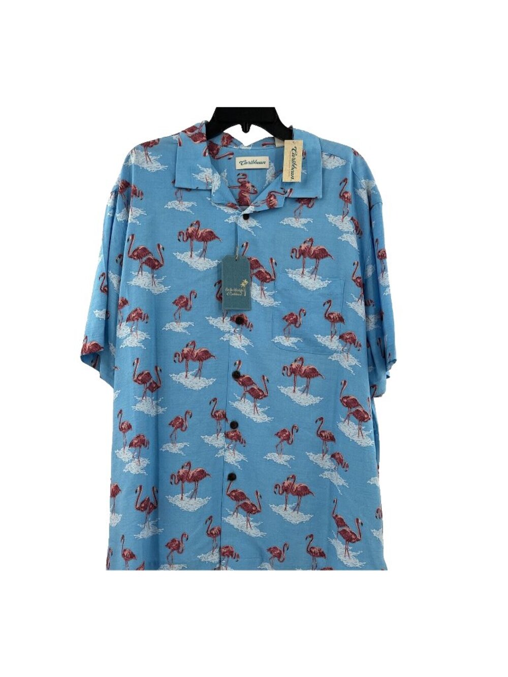 NEW Caribbean Men's Size XL Hawaiian Shirt Pink Flamingo Tropical Blue Modal NWT
